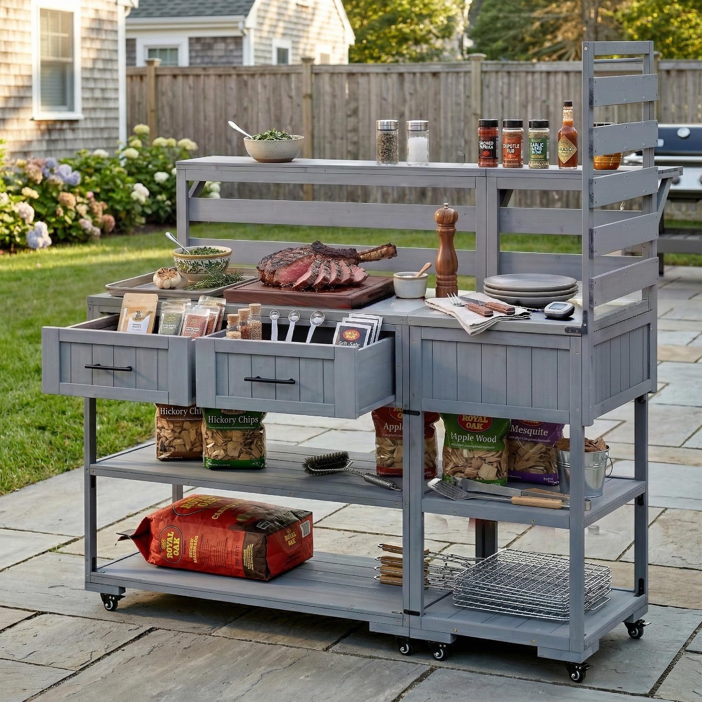 GDFStudio Elshire Patio Kitchen Island Cart with Storage, Wooden Outdoor Storage Cabinet with Stainless Steel BBQ Prep Table Top, Drawers, Raised Shelf and Lockable Wheels, Garden Potting Bench, Gray