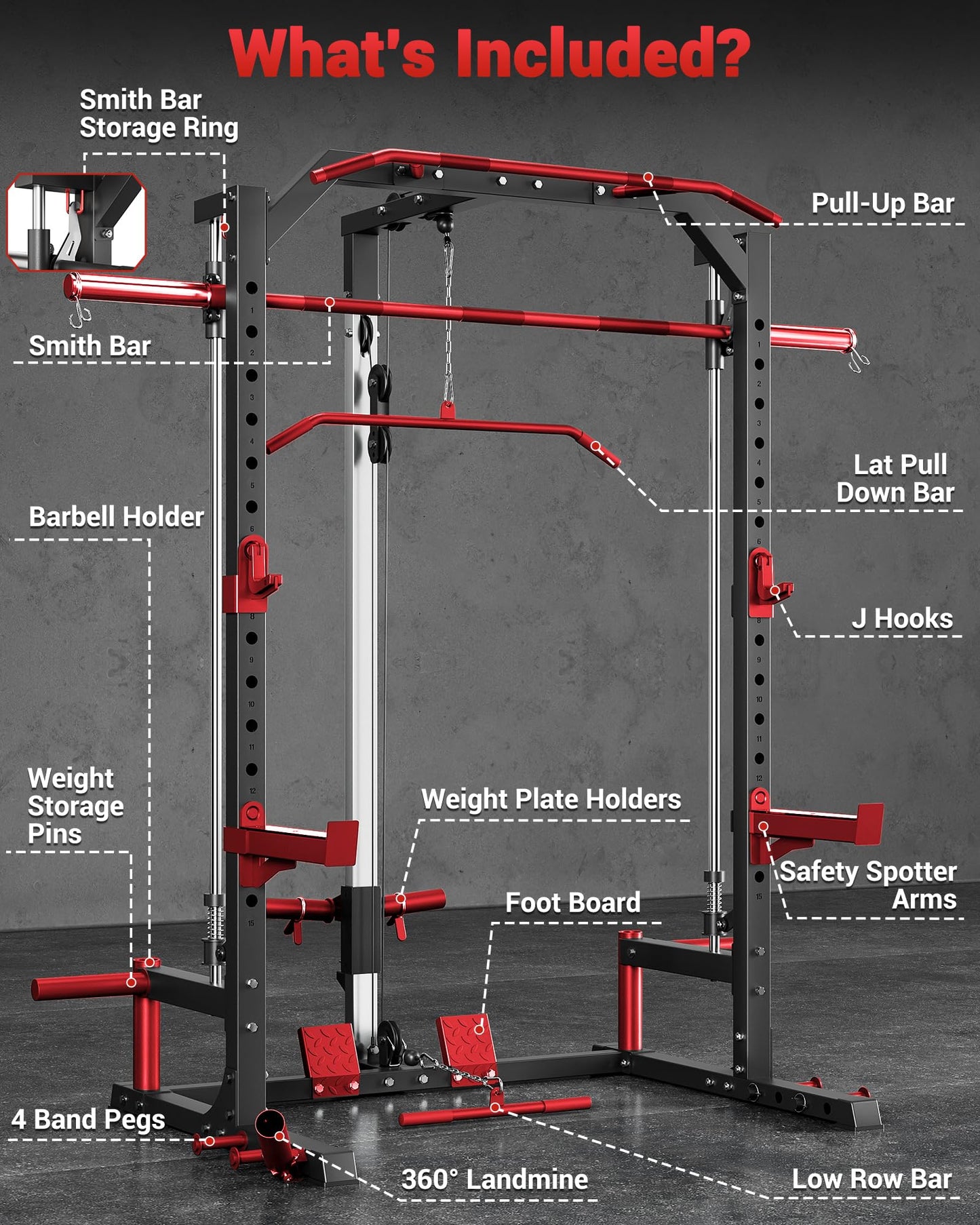 GarveeLife Smith Machine Home Gym with Barbell Bar, Cable System, LAT Pulldown Attachments, Safety Spotter Arms, J Hooks, Landmine, Multi-Functional Squat Rack for Full Body Strength Training