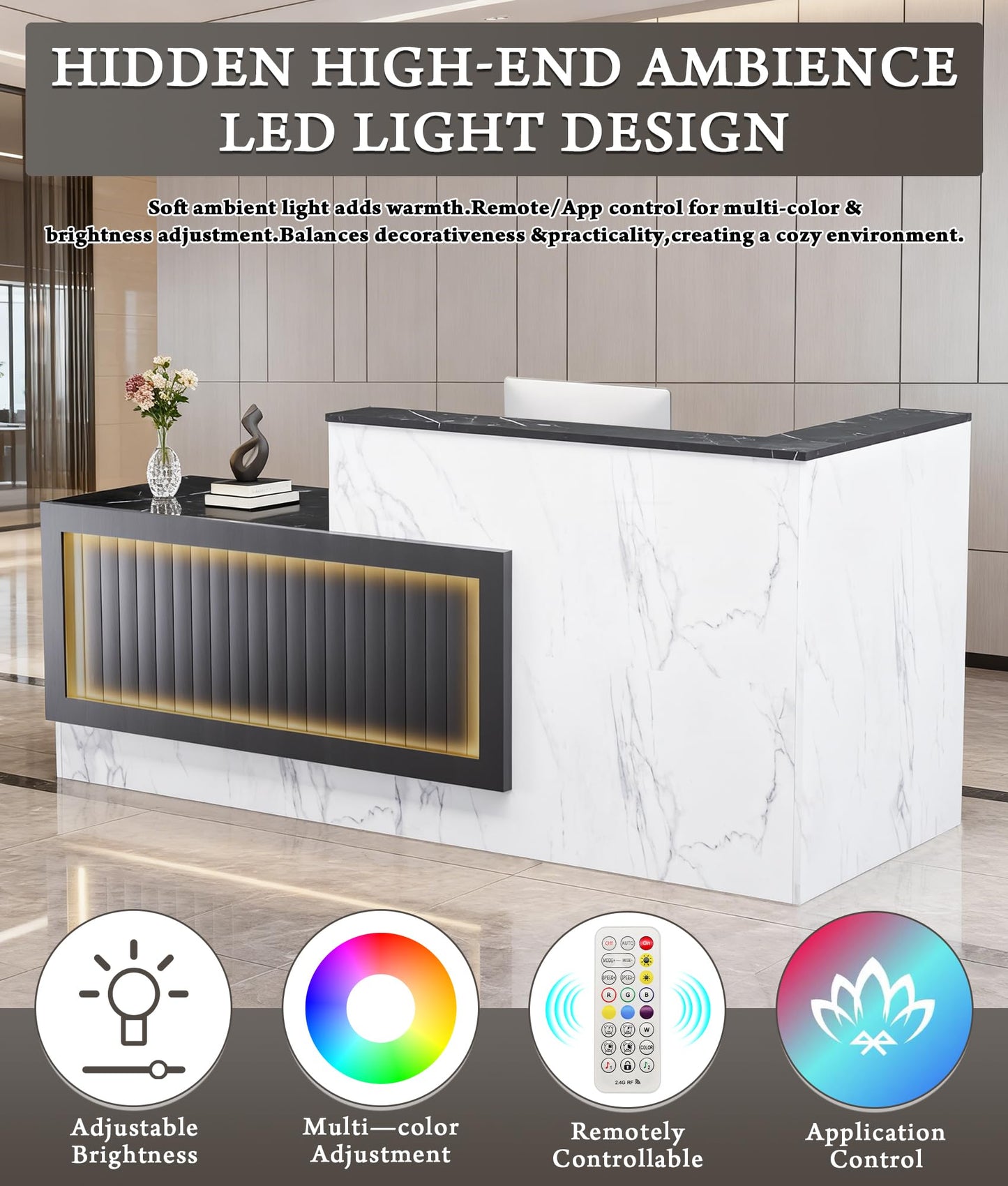 Easilywinlife Ultral 70.87IN Modern Wooden Commercial L Shaped Reception Desk with Counter, Lockable Drawers, Door Cabinet, Front Desk for Checkout, Salon, Black and White with Light, Left Cabinet