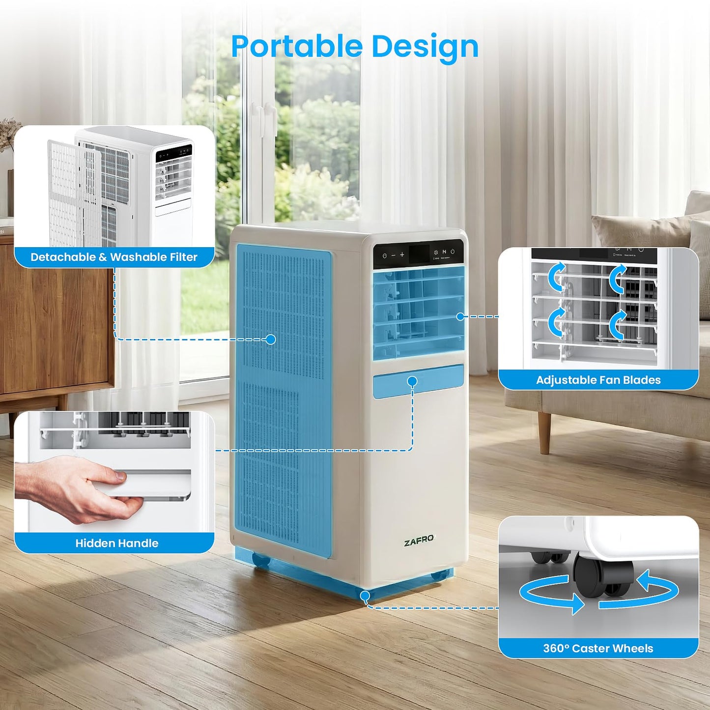 ZAFRO Portable Air Conditioners, 12000 BTU (8000 BTU SACC), Smart AC Unit with Drainage-free Cooling, Fan & Dehumidifier, Portable AC with APP/Remote, 47dB Quiet, 24H Timer for Living Room, Bedroom