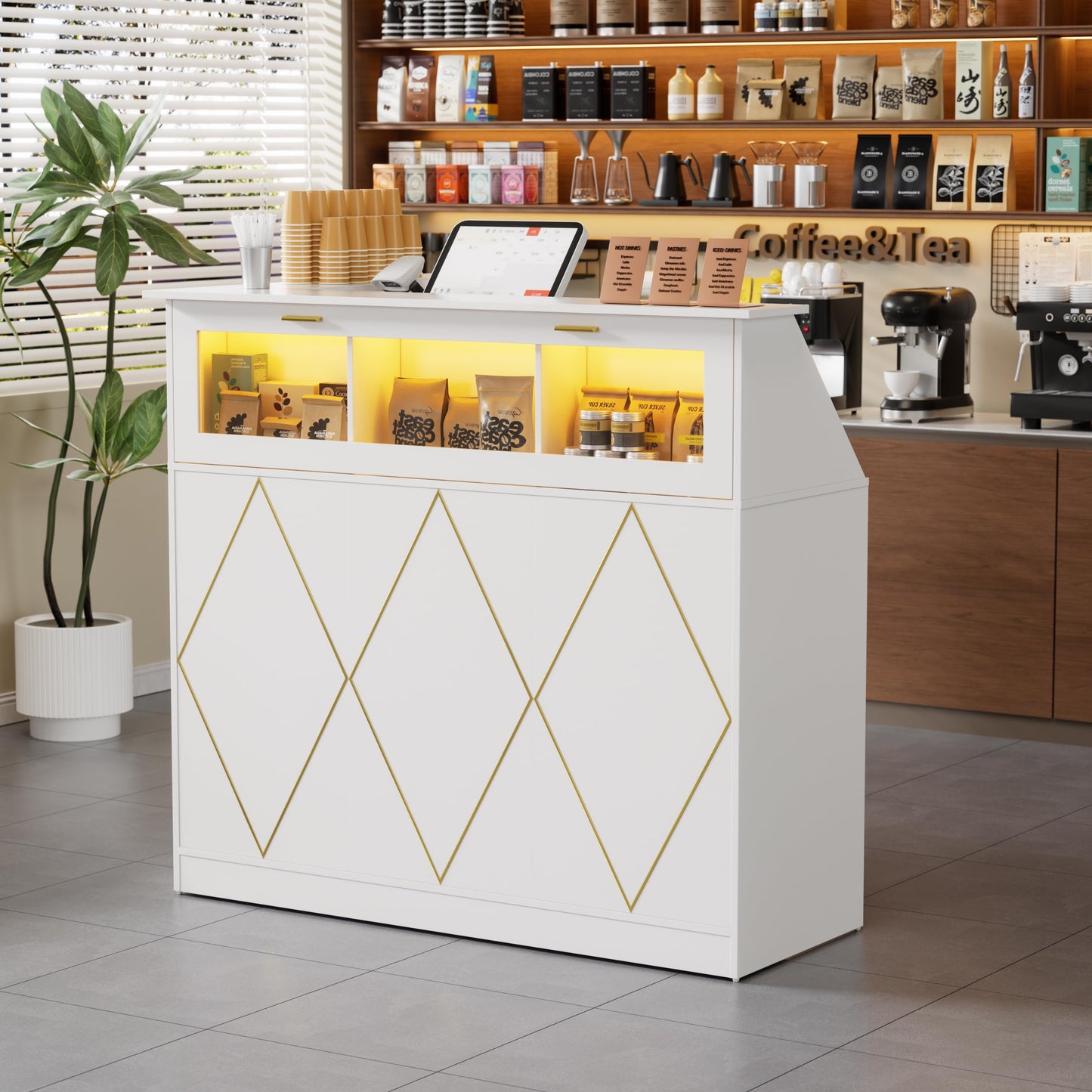 PAKASEPT Reception Desk with LED Lights, L-Shaped Modern Front Desk with Glass Display Shelf, Reception Counter Table for Lobbies, Salons, Retail, Home Offices (White)