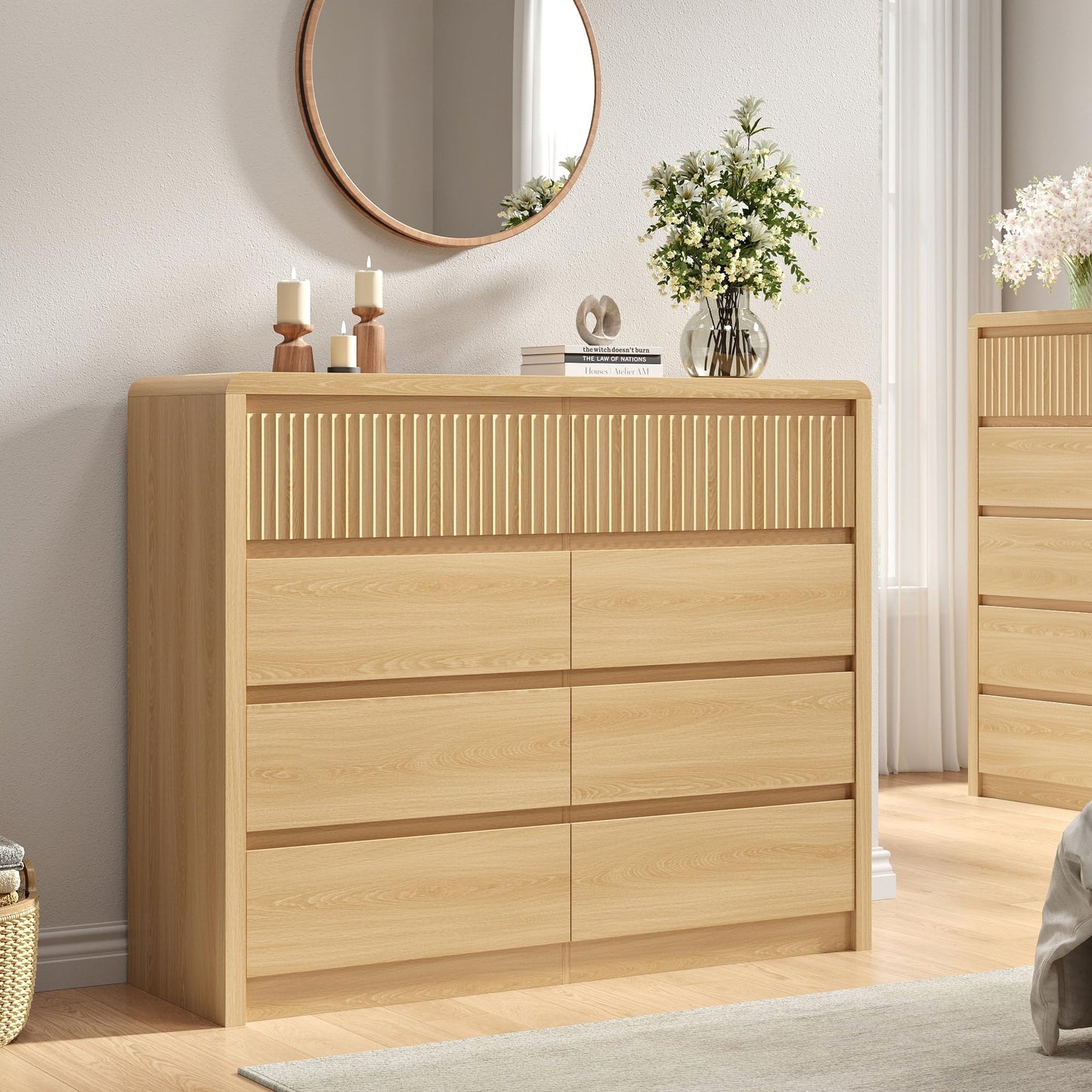 BAZELOR Fluted 8 Drawer Dresser for Bedroom, 50” Wide Modern Dresser & Chest of Drawers with Curved Profile Design, Wood Mid Century Dressers for Bedroom, Living Room, Oak