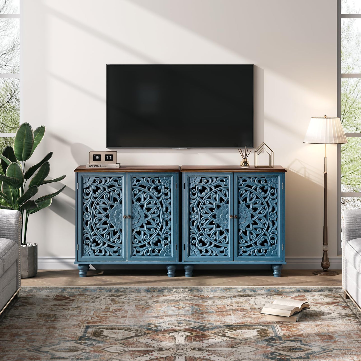 Accent Cabinet with Carved Doors,Blue Buffet Cabinet with Storage