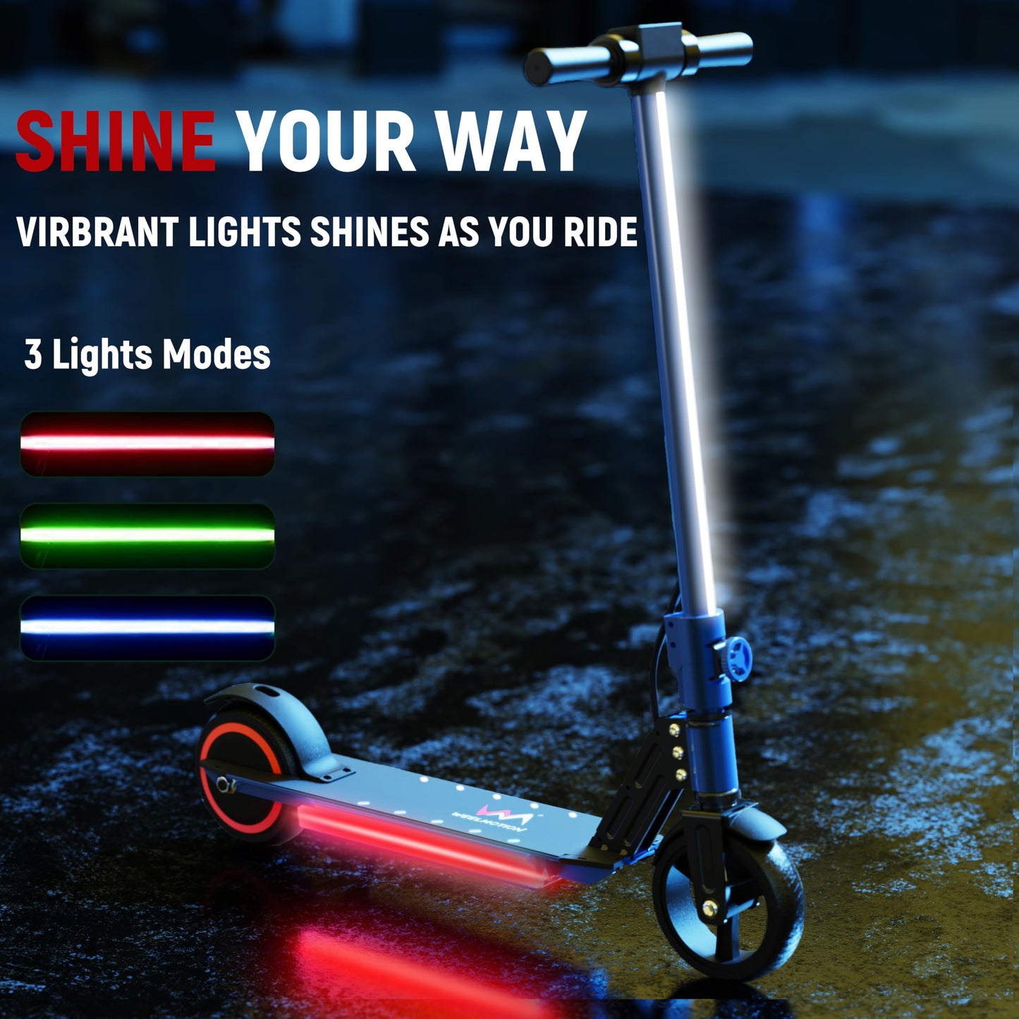 WEELMOTION Foldable Electric Scooter for Kids, with Head Lights, Bright Front Bar Lights, Shining Pedal, LED Display, Dual Brakes 150W Motor Kids Electric Scooter, UL2272 Approved Blue