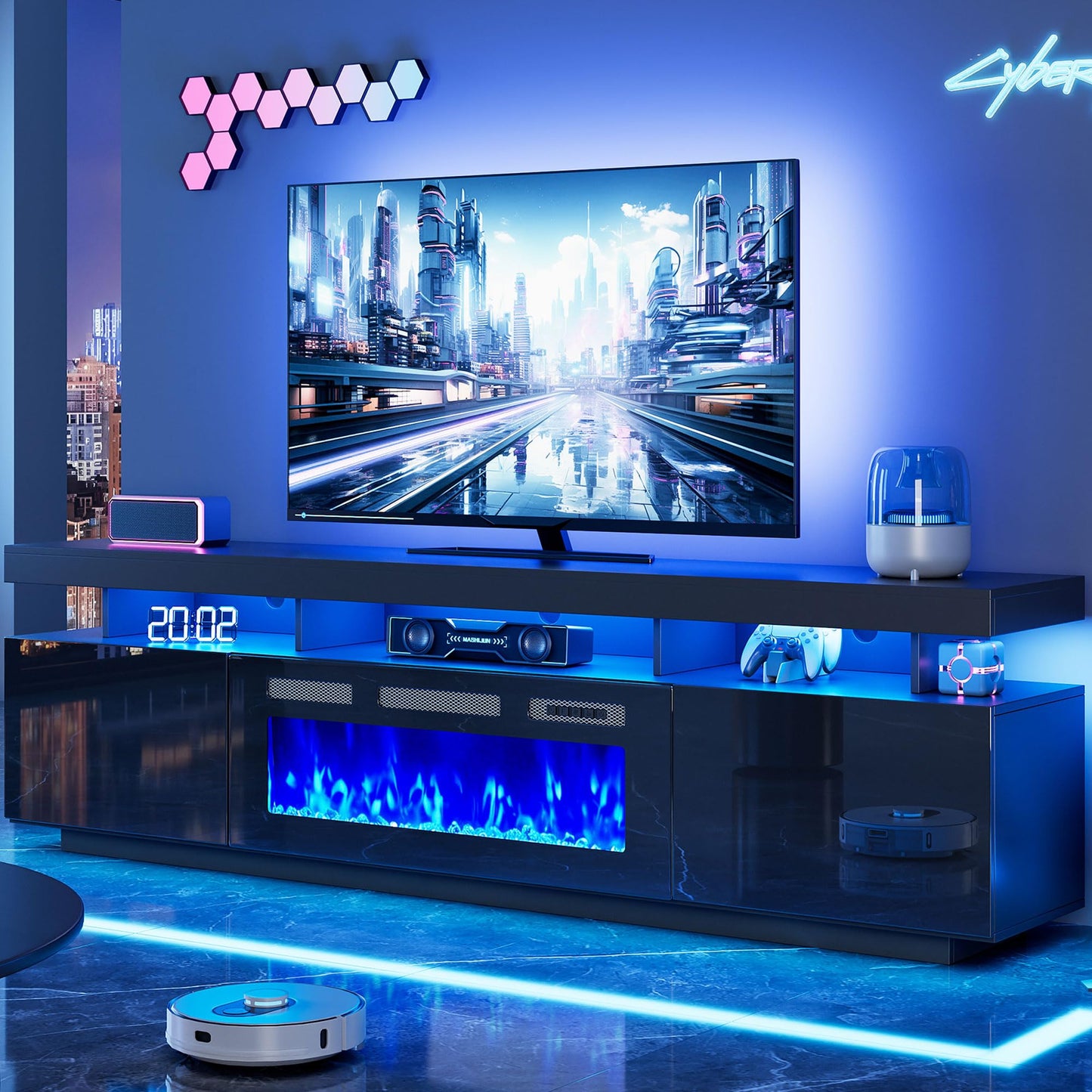 70" Floating Fireplace TV Stand with 36" Crystal Electric Fireplace, LED Entertainment Center for TVs up to 80", Modern Media Console with Mirrored Storage Cabinets for Living Room, Black TV Console