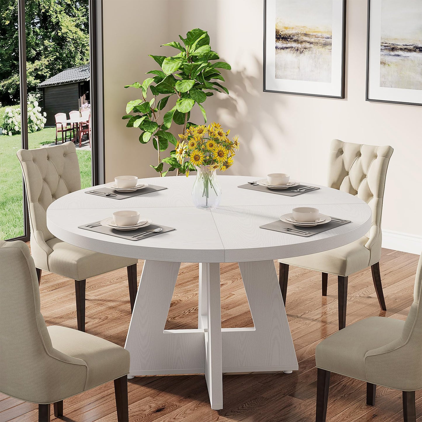 Tribesigns 47 inch Round Dining Table Wood Kitchen Table for Dining Room, 47" Dinner Room Tables for 4-6, Farmhouse Accent Furniture with Wooden Tabletop and Cross Base, White