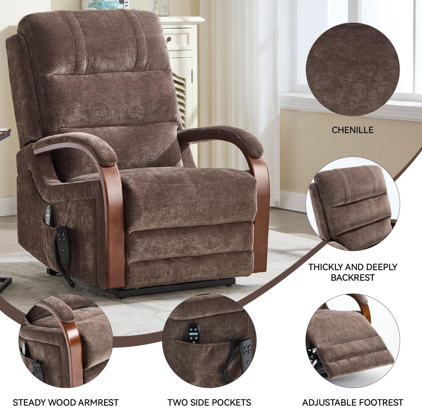 KEIKI Chenille Electric Power Lift Recliner Chair with Heat Massage, Solid Wood Armrests & Timer Function, Elderly Lazy Boy Sofa Seating for Home Theater, Infinite Position, Dual Motor, Up to 350 LBS