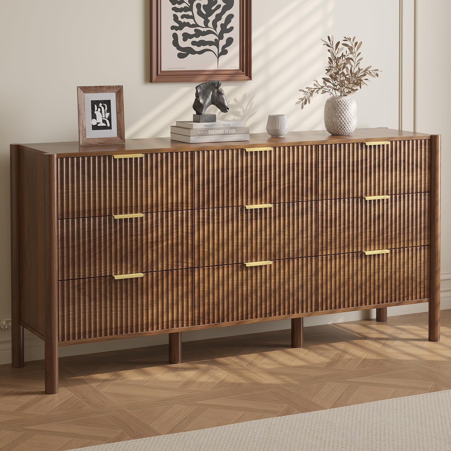 CHUWELL Fluted Walnut Dresser for Bedroom, 63" Wide Mid Century Modern Chest of Drawers with 4 Solid Wood Cylindrical Legs & Gold Metal Handles, 9 Drawer Large Dresser for Bedroom