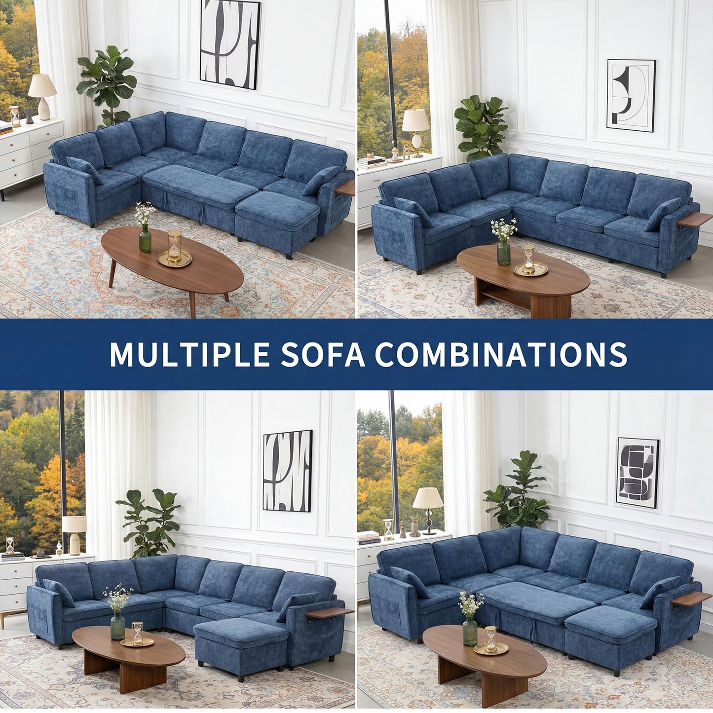 Modular Sectional Couch with Pull Out Sofa Bed, 116" U Shaped Modular Cloud Sofa Set with Ottoman, Charging Port & Foldable Side Table, 7 Seater Comfy Chenille Sleeper Couch for Living Room, Blue