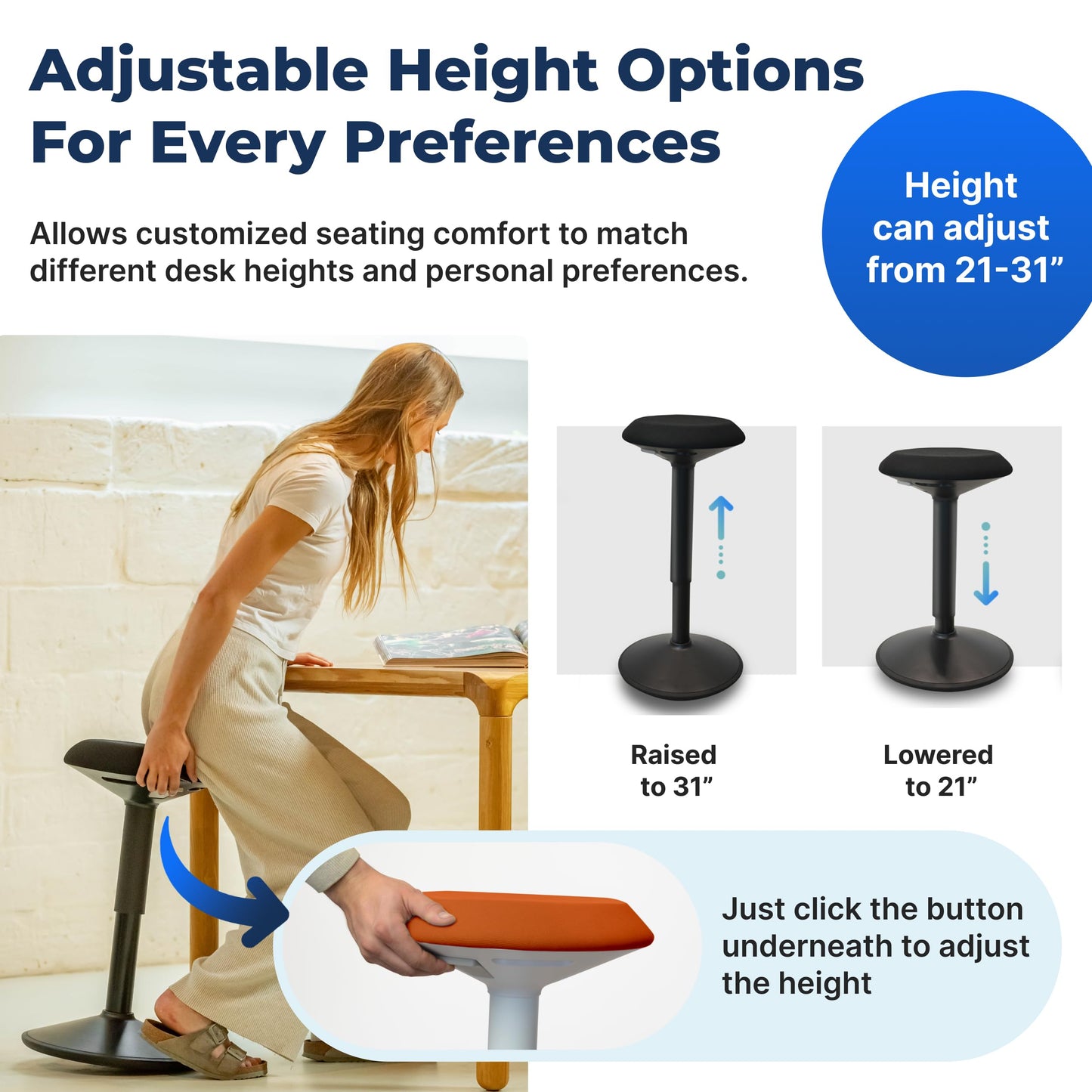 Standing Desk Stool Chair, Height Adjustable Stool 21-31 inch for Office and Classroom, Swivel seat, Anti-Slip Bottom Ergonomic Wobble Stool with Rocking Motion, Orange