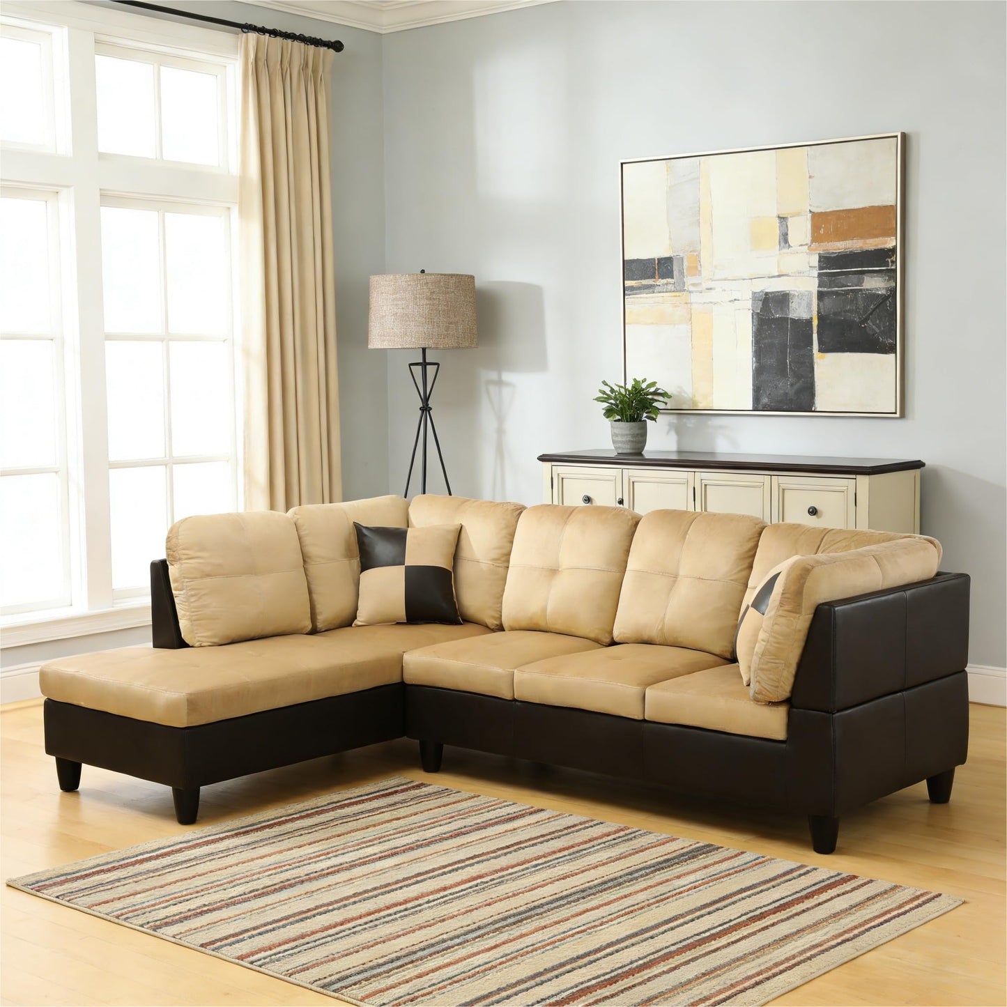 Trygoal 103.5 Inch Modern L-Shaped Couch, Flannel Sectional Sofa with Chaise Lounge, 4-Seater Couch with Accent Pillows for Living Room, Apartment, Beige and Brown