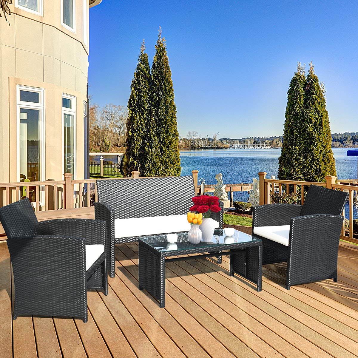 Tangkula Patio Wicker Conversation Furniture Set, Patiojoy Sofa & Table Set w/4 Seats, Outdoor Rattan Sofa Set for Balcony Backyard, Wicker Chair Set with Tempered Glass Coffee Table (1, White)