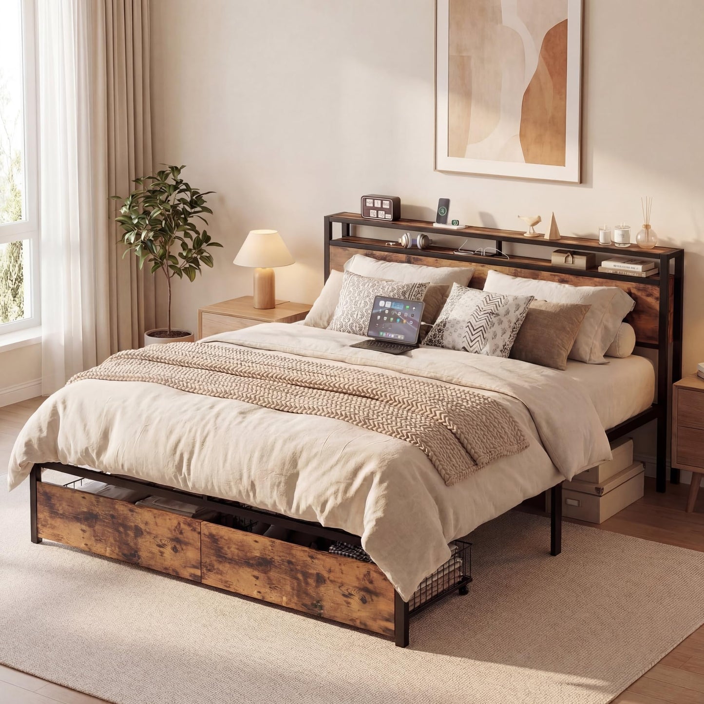 LIKIMIO King Size Bed Frame with Storage Headboard, Platform King Bed with 2 Drawers and Charging Station, Heavy-Duty Metal Slats, No Box Spring Needed, Easy Assembly, Retro Brown