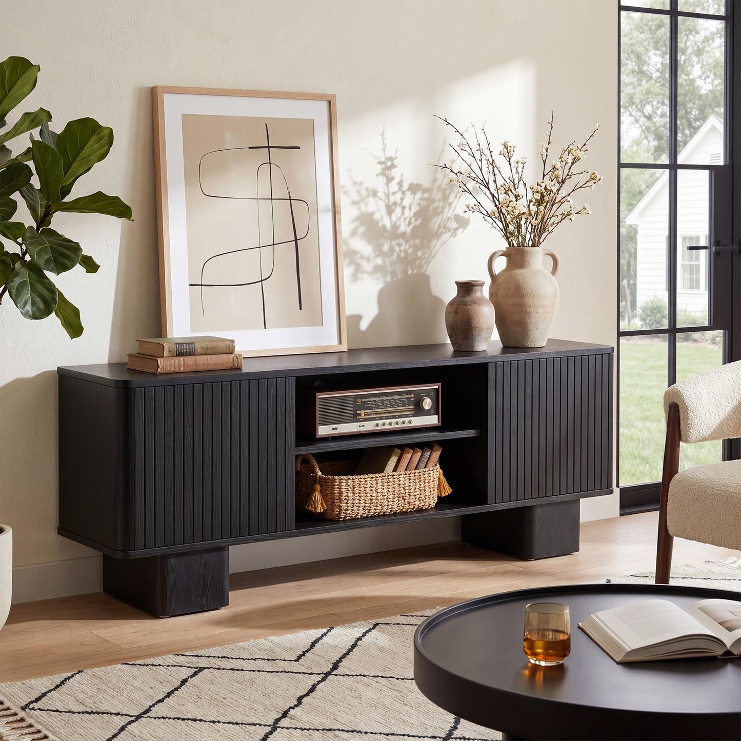 Tribesigns 63" Fluted TV Stand for TVs up to 70", TV Console with Hidden Storage, Adjustable Shelves and Fluted Door, Mid Century Modern Entertainment Center for Living Room, Bedroom, Black