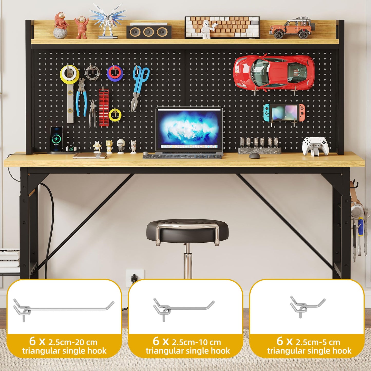 DWVO 60in Heavy Duty Workbench with Pegboard & Wheels Adjustable Work Table