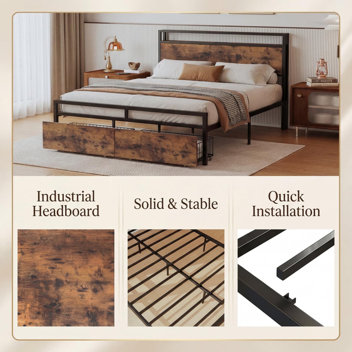 LIKIMIO King Size Bed Frame with Storage Headboard, Platform King Bed with 2 Drawers and Charging Station, Heavy-Duty Metal Slats, No Box Spring Needed, Easy Assembly, Retro Brown