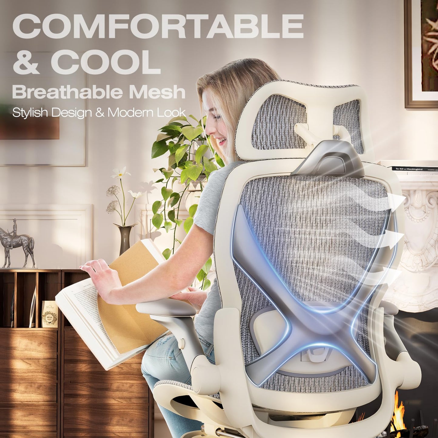 ELABEST X100 Ergonomic Mesh Office Chair with Footrest, Big and Tall Home Desk Chair with 5D Flip-Up Arms, Adjustable 3D Lumbar Support, Gaming & Executive Computer Chair, First Light