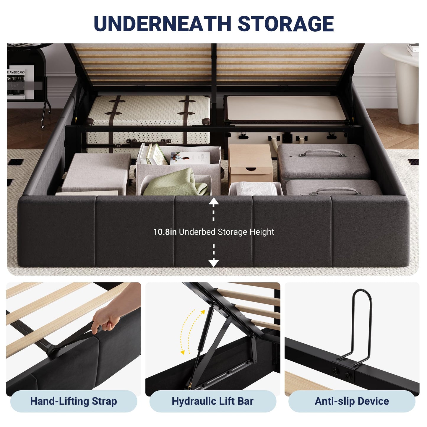 Allewie Queen Size Velvet Lift Up Storage Bed Frame, Vertical Channel Tufted Headboard, Hydrualic Underneath Storage, Upholstered Platform Bed, Wooden Slats Support, No Box Spring Needed, Black