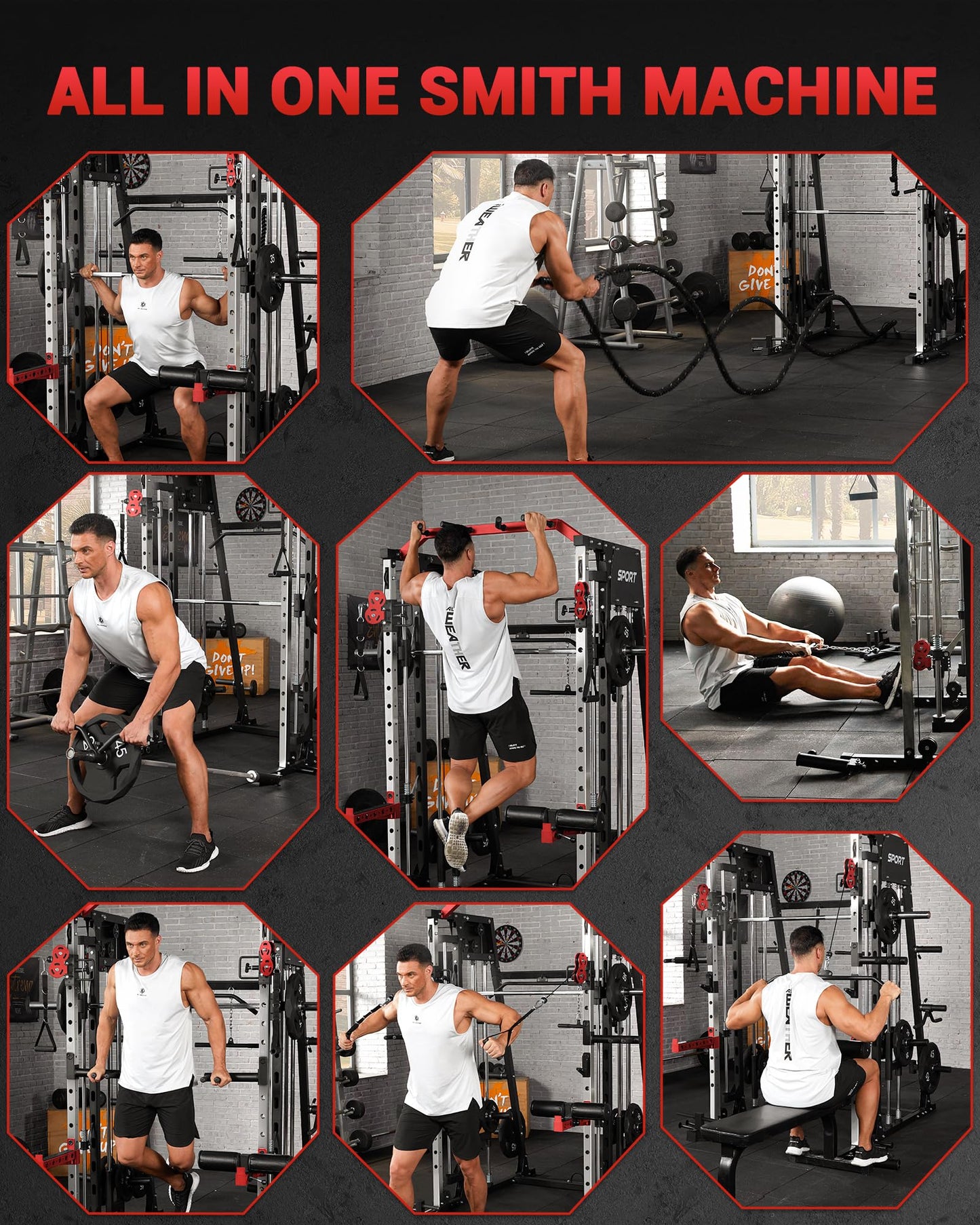 GarveeLife Smith Machine Home Gym All in One, 2200 LBS Squat Rack Power Cage with Smith Bar, LAT Pull-Down, Cable Systems, Leg Hold-Down and More Attachments, Workout Equipment (Red Black)