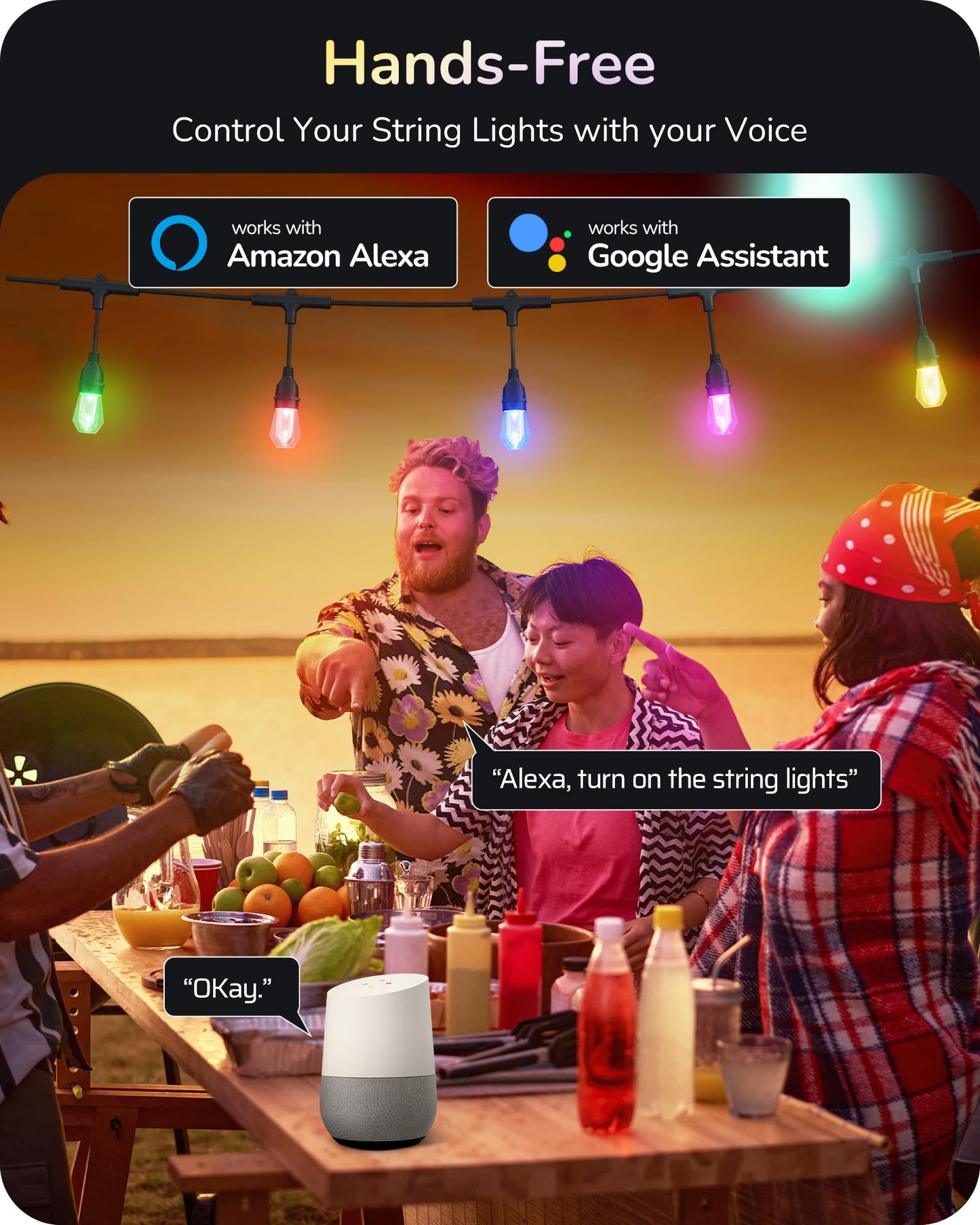 EDISHINE Smart String Lights, 48ft, 18 Acrylic RGB LED Bulbs, Waterproof, Dimmable, WiFi & APP Control, Compatible with Alexa
