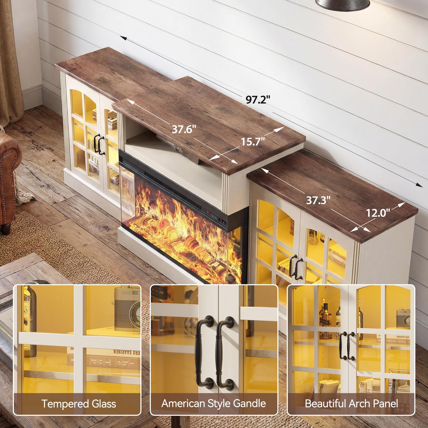 97" Farmhouse Fireplace TV Stand for TVs Up to 100", Entertainment Center with 36" 3-Sided Glass Electric Fireplace, 12 Flame Colors & LED Light Modes, Media Console for Living Room, White