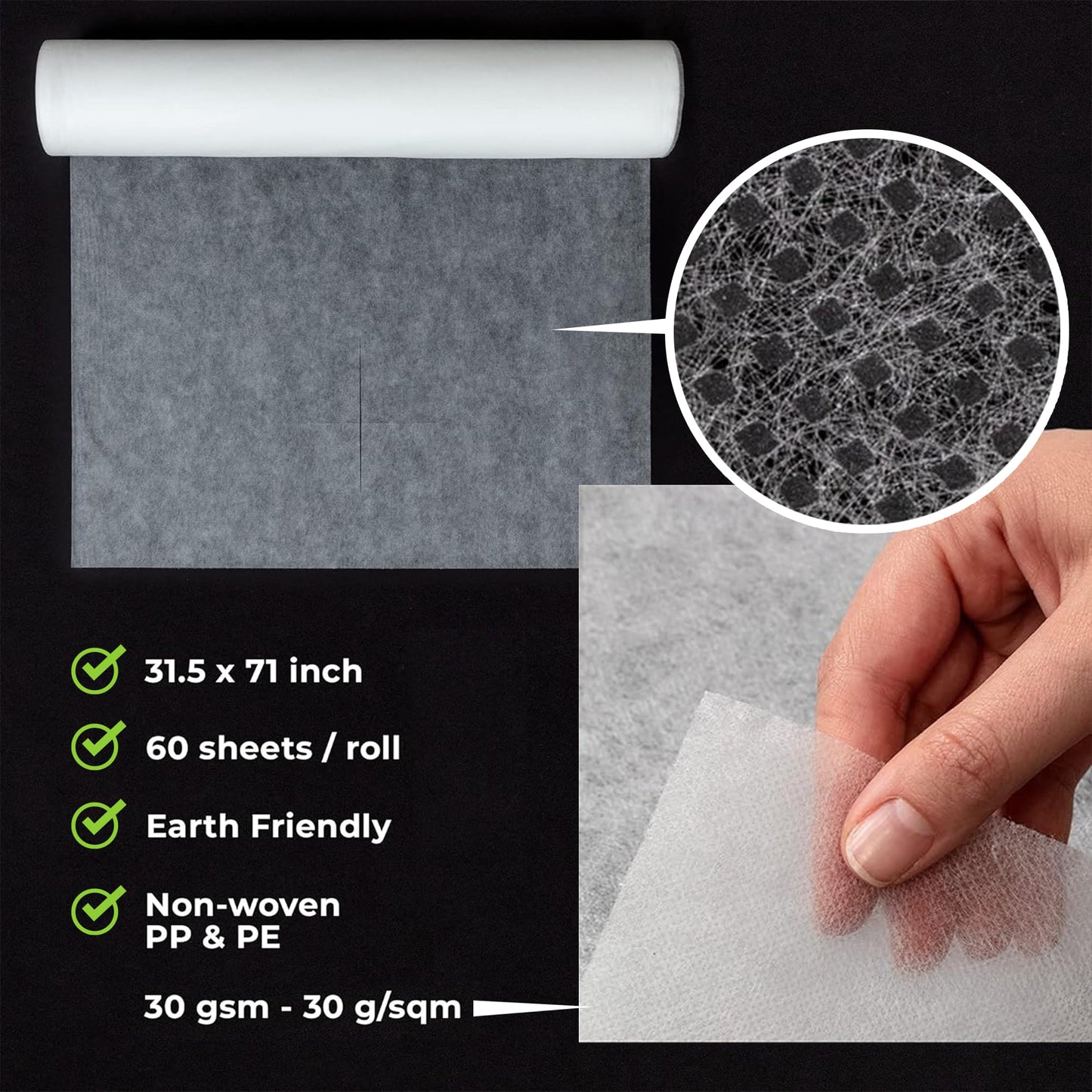 MASERTIO Disposable Massage Bed Cover - 60 Sheets Per Roll, Non-woven Disposable Material - Ideal for Spa, Massage Table, Tattoo, Waxing Table - No Crinkle Table Sheets - 31.5 x 71 Inches (6 Rolls)