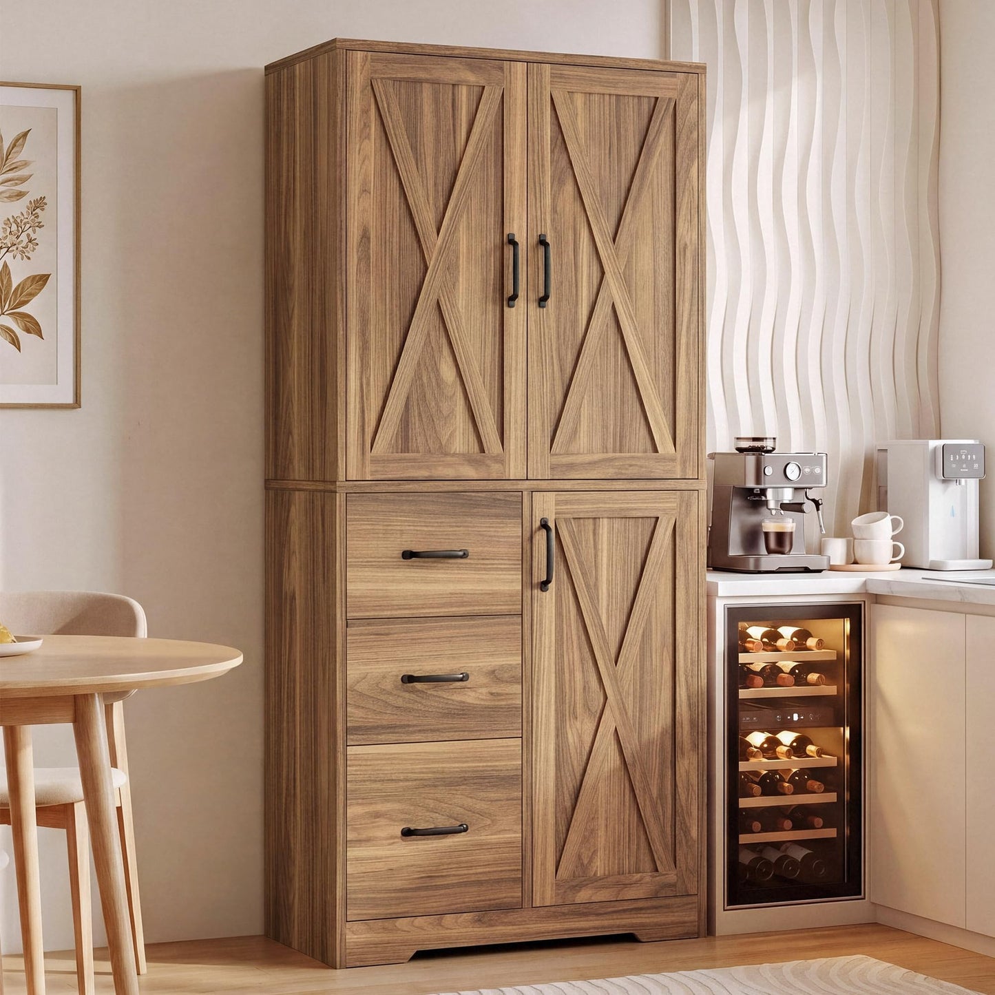 IRONCK Pantry Cabinet, 67.5 inch Tall Storage Cabinet with 3 Doors & Drawers, Farmhouse Kitchen Cabinet with Adjustable Shelves, 5 Tier Freestanding Cupboard for Kitchen, Oak Brown