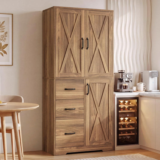 IRONCK Pantry Cabinet, 67.5 inch Tall Storage Cabinet with 3 Doors & Drawers, Farmhouse Kitchen Cabinet with Adjustable Shelves, 5 Tier Freestanding Cupboard for Kitchen, Oak Brown