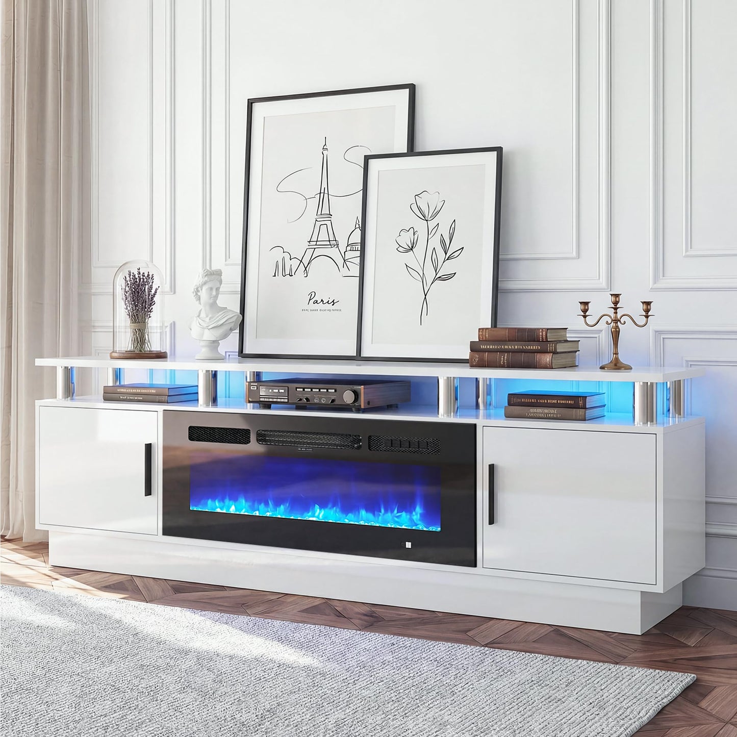 OneBlis 70" Fireplace TV Stand for TVs UP to 80", Electric Fireplace Entertainment Center with LED Lights & Storage Cabinets, TV Console for Living Room, Office, White-Black