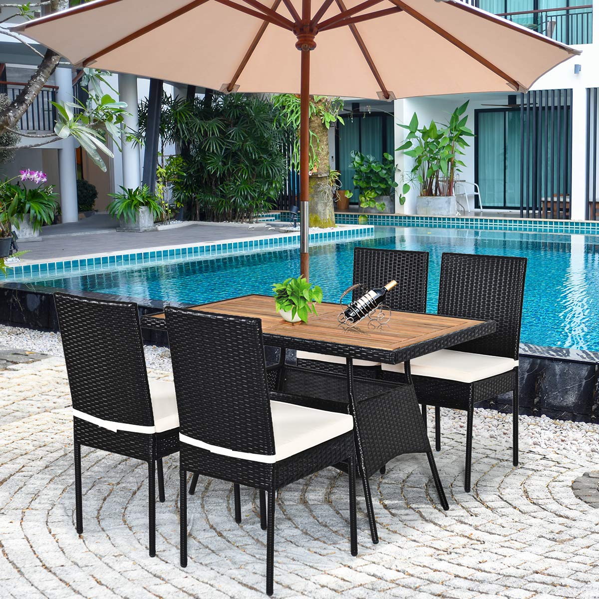 Tangkula 5 Piece Wicker Patio Dining Set, Outdoor Rattan Table & Chairs Set with Padded Cushions, Patio Furniture Dining Acacia Wood Table Set for Balcony Patio Garden Poolside