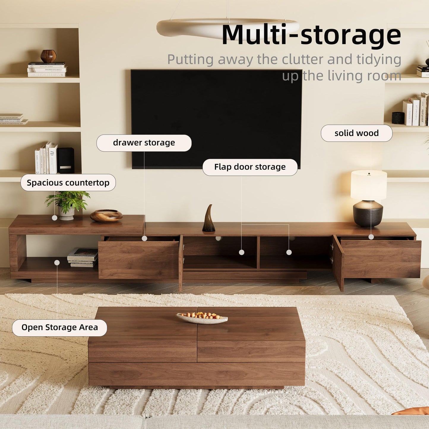 gaoyangjiaju 94.48" Mid Century Modern TV Stand for TVs up to 70"-90",Tv Console with 4 Storage Cabinets, Media Furniture for Living Room or Bedroom,Walnut (78.54“ to 103")