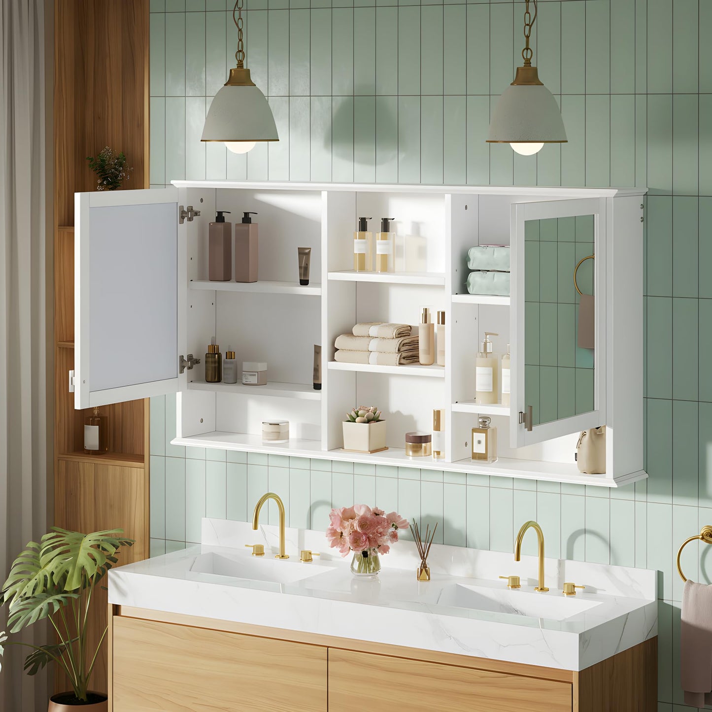 Marzzi 55"x28" Bathroom Medicine Cabinet with Mirror, Wall Mounted Bathroom Storage Organizer with 5 Open Shelves & Adjustable Interior for Master Bath & Power Room, Painted Finish