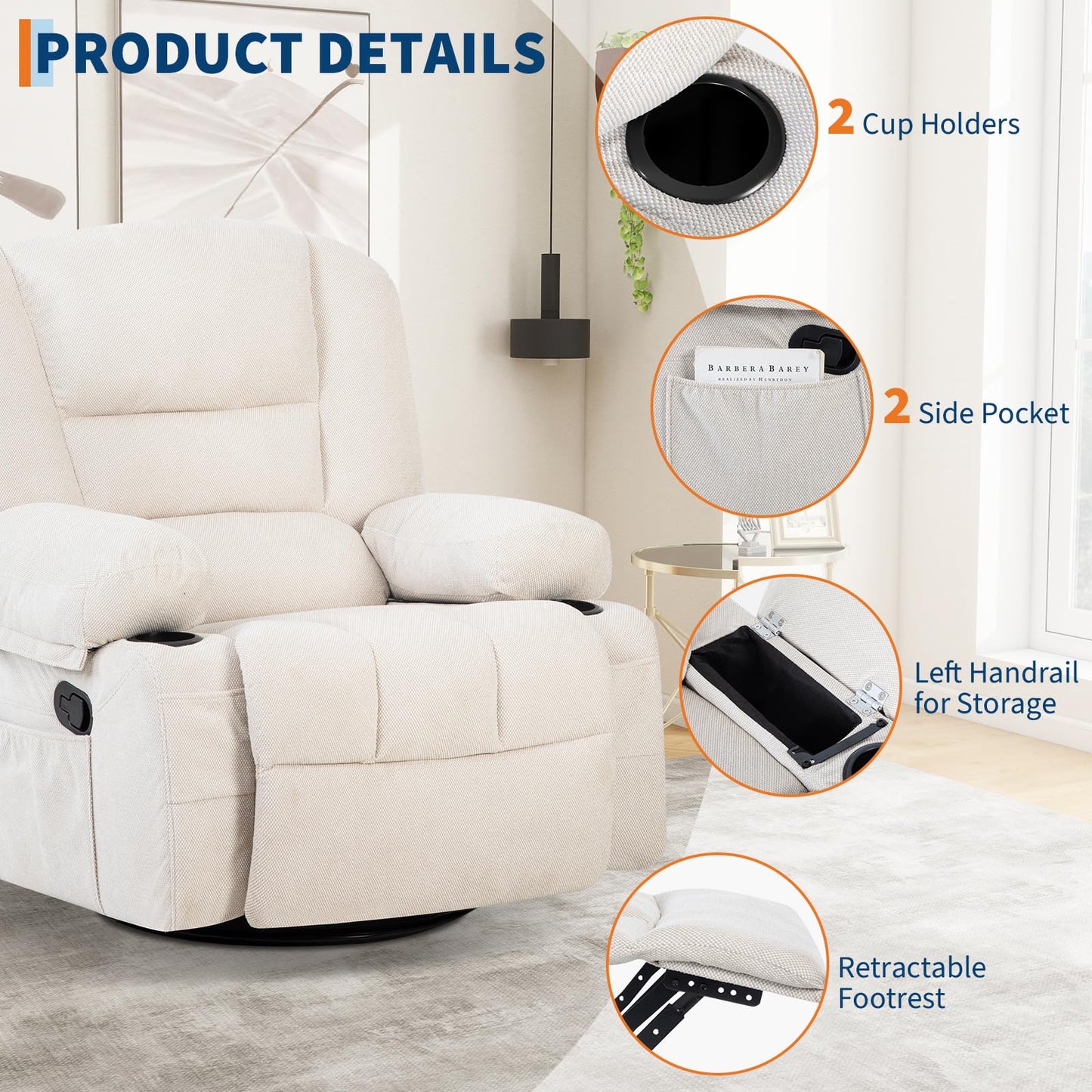 Oversized Wide Recliner Chair with Vibration Massage and Heat, 360° Swivel Recliner Glider for Adults,Chenille Fabric Manual Reclining Single Sofa with Cup Holders & Side Pockets for Living Room,White