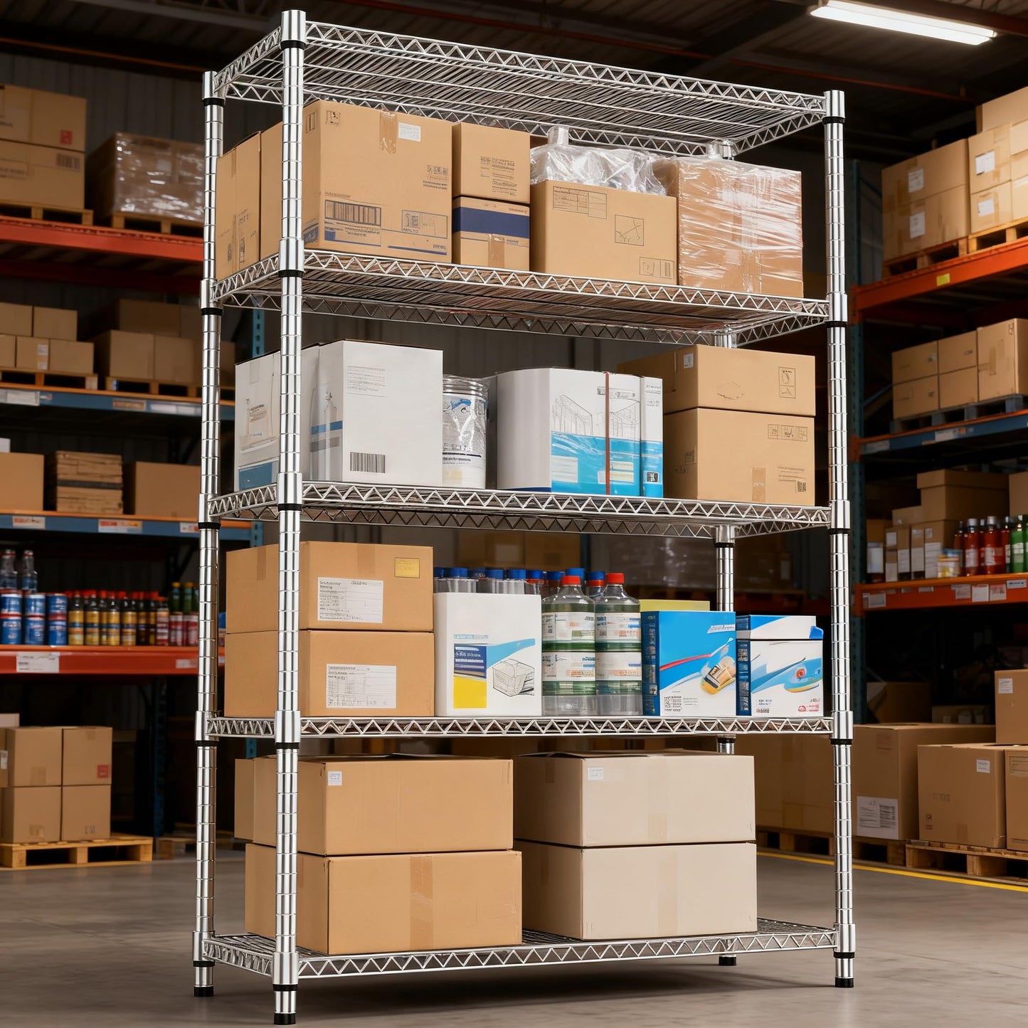 M MZG 5 Tiers Shelf Metal Storage Shelves 3300 lbs Steel Storage Shelving Utility Shelving Unit Steel Organizer Wire Rack for Home,Kitchen,Office,Garage Chrome 17.7" D x 47.2" W x 70.3" H