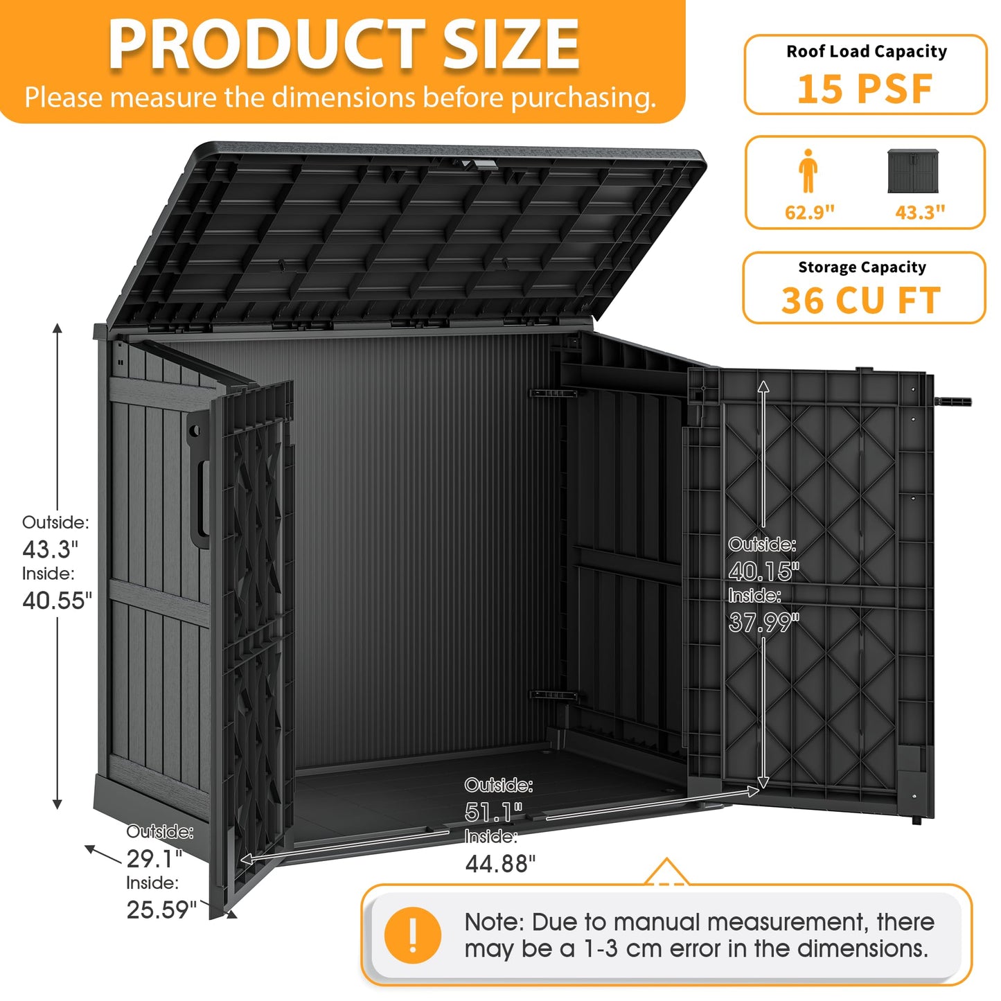 LHBcraft Outdoor Storage Cabinet 36 Cu Ft with Lockable Doors, Portable Horizontal Resin Storage Shed - Easy to Assemble, Waterproof Small Storage Shed with Floor Black