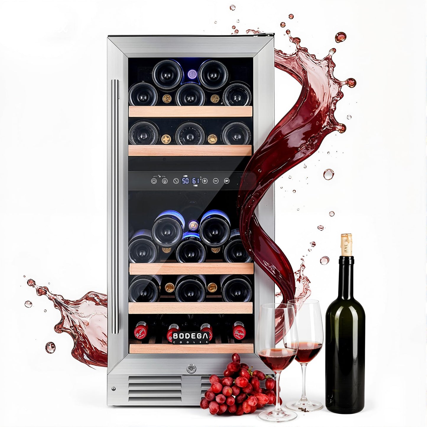 BODEGA 15 Inch Wine Fridge, 30 Bottle Dual Zone Wine Cooler, 41-72℉ Compressor Wine Refrigerator with Tempered Glass Door, Built-in or Freestanding Wine Cooler for Home Kitchen Bar (3.2 cu.ft).