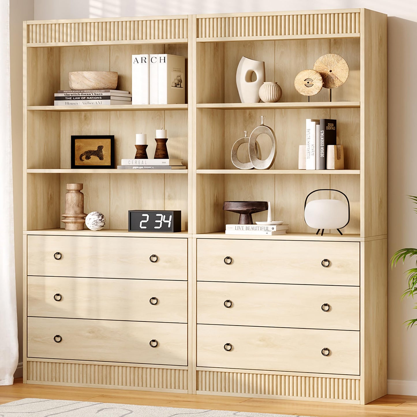 GarveeHome Bookshelf with Drawers 70.8" Fluted Bookcase, Light Wood Bookshelf 6 Tier Bookcase with Storage, Tall Book Shelf with Waved Design, Storage Cabinet with Open Shelf for Living Room Office