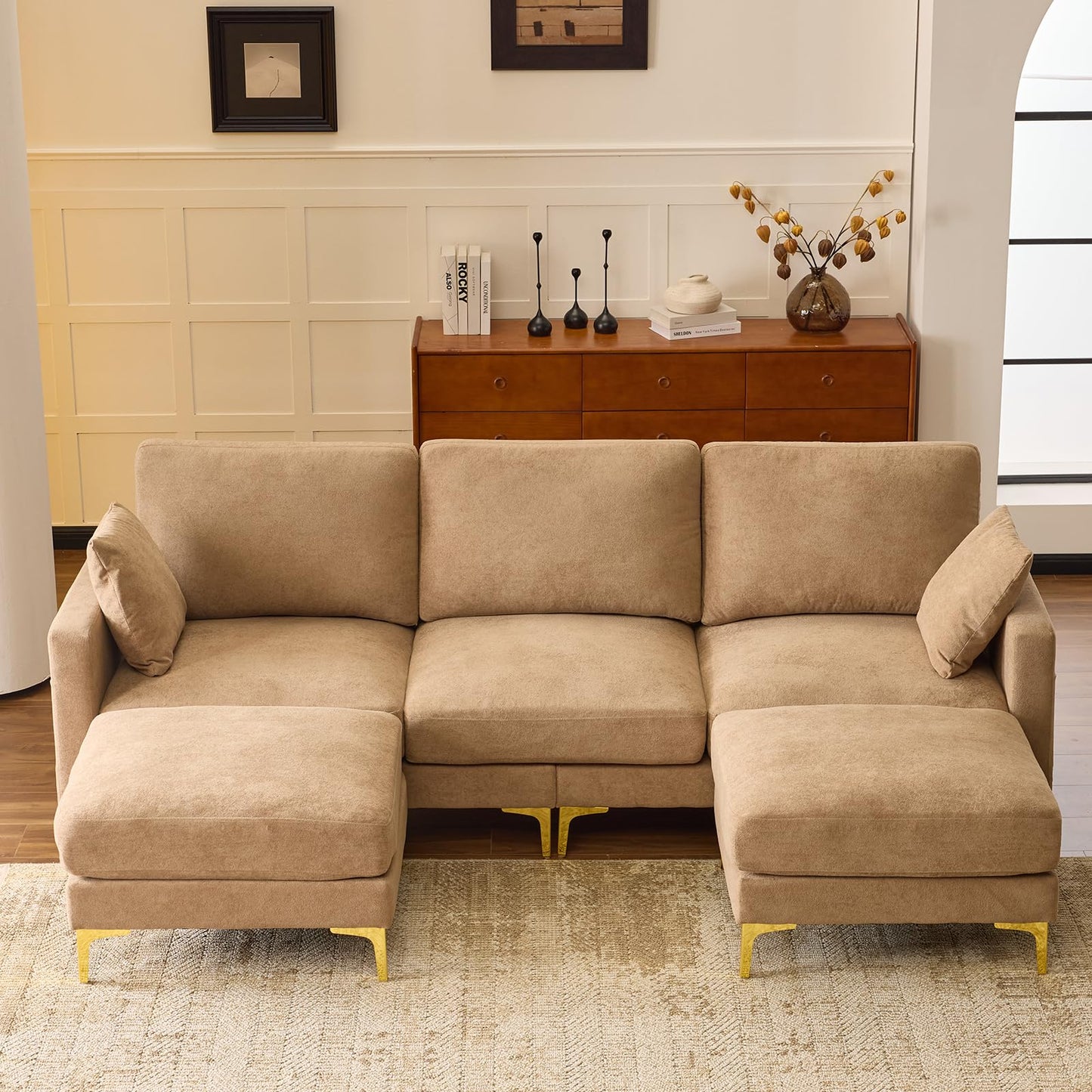 VINGLI 100" W U Shaped Couch with Ottoman, 22" Deep Seat Comfortable Sectional Couches for Living Room, 3 Seater Chenille Fabric Cloud Sofa for Apartment, Small Spaces, Bedroom, Khaki
