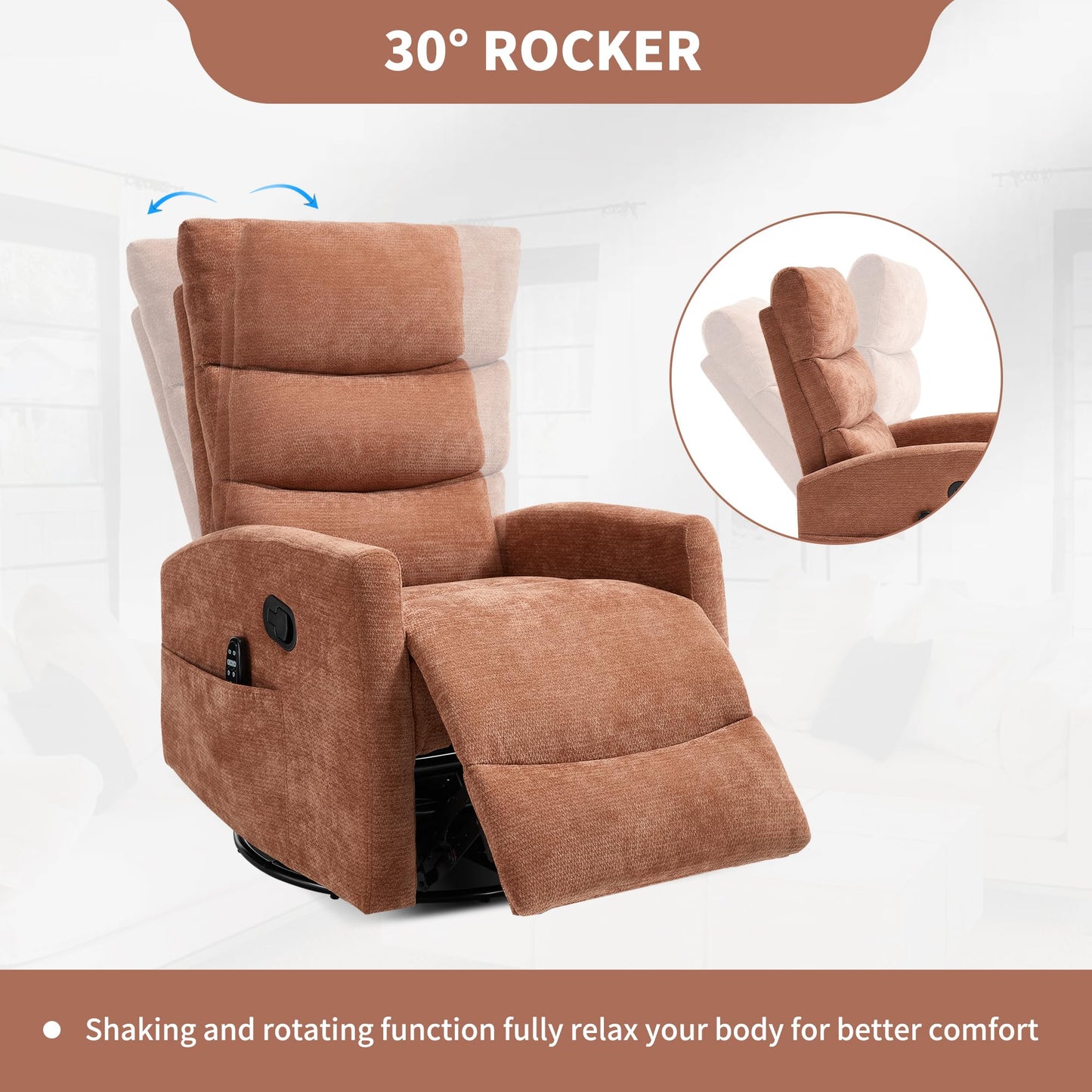 KEIKI Heat Massage Manual Recliner Chair, 360° Swivel Rocker with Lumbar Heat, Chenille Fabric Overstuffed Padding, 3 Massage Modes Timer, Tool-Free 10-Min Assembly for Bedroom Lounge, Orange