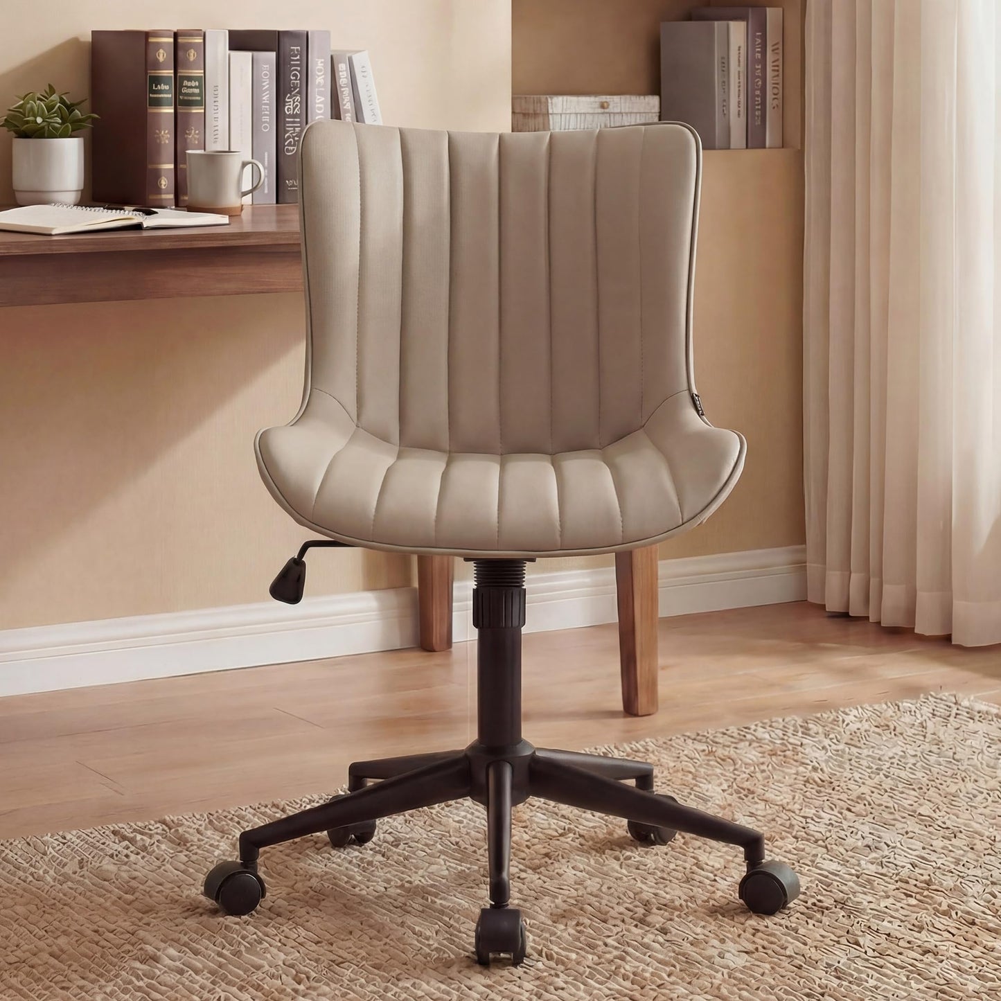 Kidol & Shellder Khaki Leather Home Office Desk Chair with Wheels Modern Cute Armless Executive Swivel Vanity Chair with Comfy Padded Back Ergonomic Rolling Adjustable Computer Task Chair Small