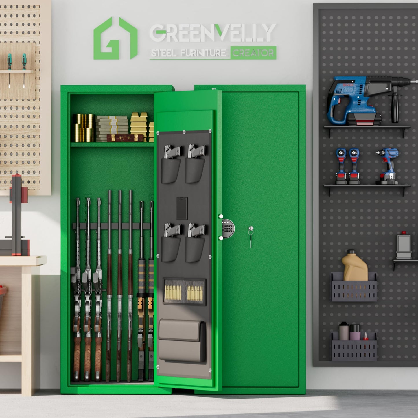 Greenvelly 14-16 Gun Safe for Rifles and Pistols, Rifle Safe with Keyboard Lock, Gun Cabinet for Rifles and Shotguns, Quick Access Fireproof Gun Safe with Pocket and Gun Rack for Home, Green