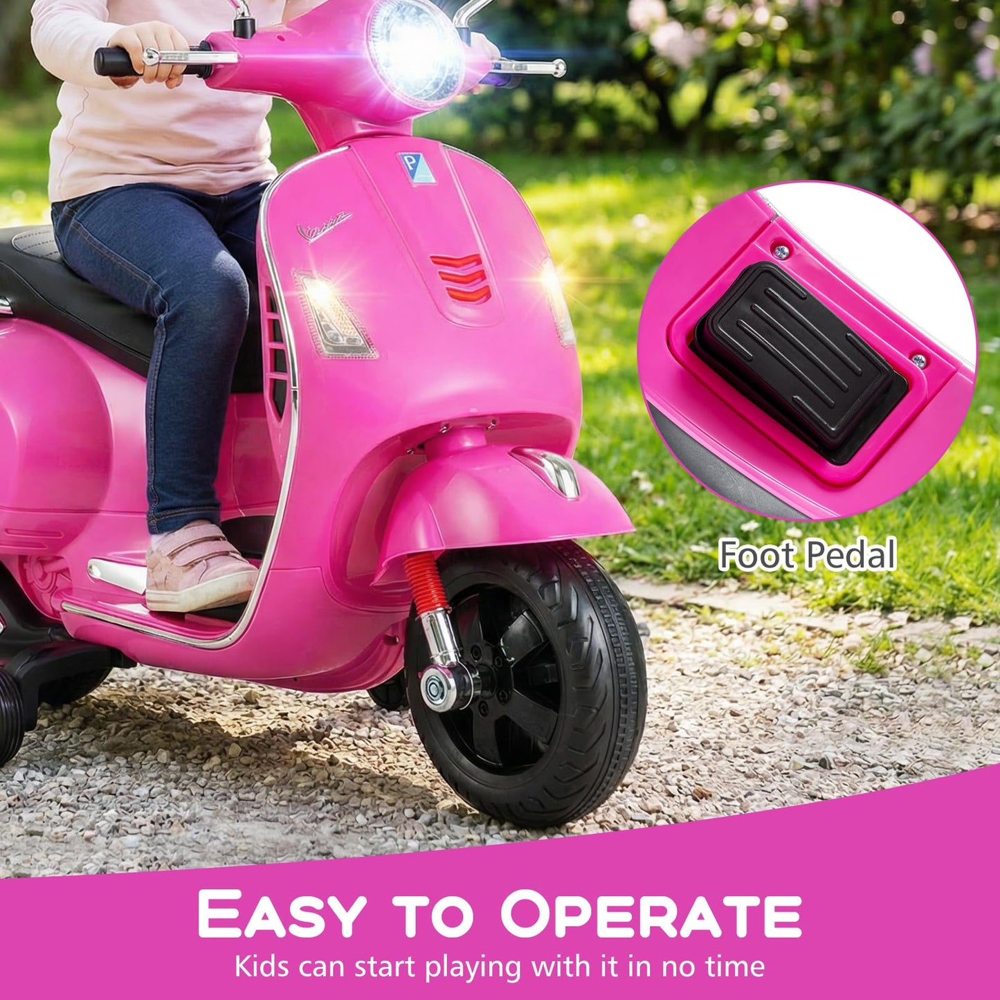 Licensed Vespa 12V Kids Motorcycle by INFANS with Training Wheels, Music, Story, Horn, Lights for 3-6 Years (Pink)