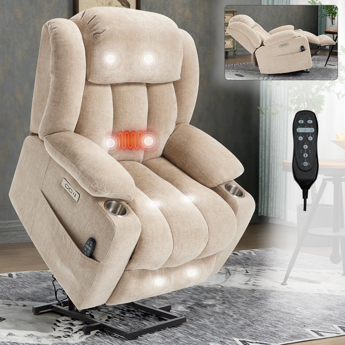 KEIKI Recliner Chair with Vibration Massage and Heating, Home Theater Seating with USB and Type-C Ports, Cup Holders for Living Room, Beige