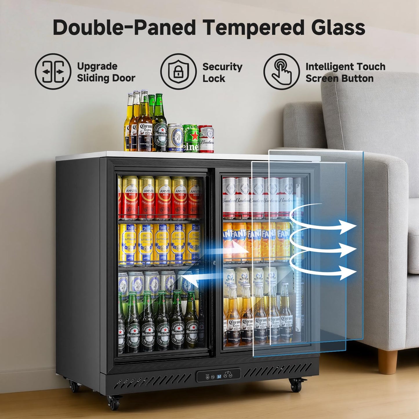BODEGA BODEGACOOLER Back Bar Cooler,7.7 Cu.ft Commercial Beverage Refrigerator with 2 Sliding Glass Doors,Beverage Fridge with 4 Caster Perfect for Beer,Stainless Steel Top, Wine,Soda,DOE Approved