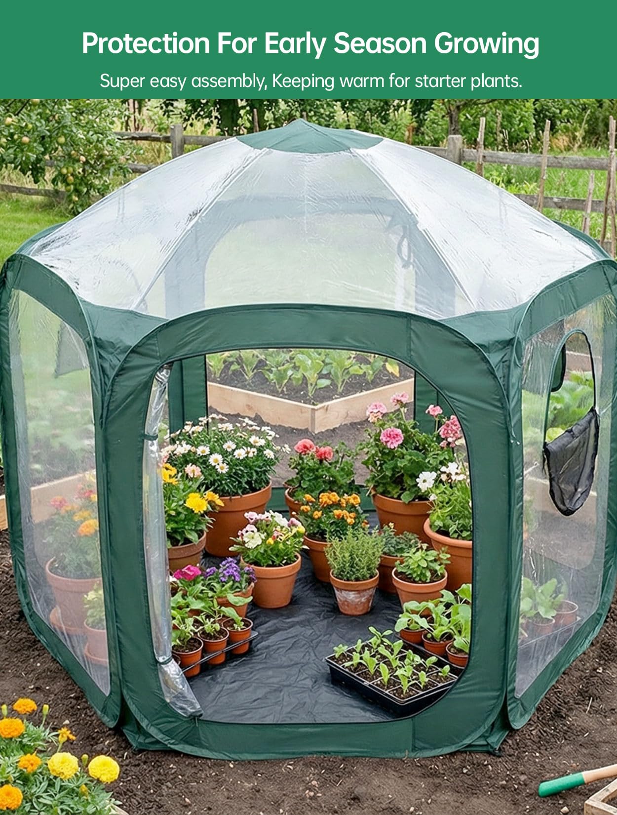Porayhut Pop up Greenhouse Tent,Portable Large Walk-in Plant House 10’X10’ ,Indoor Outdoor Gardening Plant Sunshine Room with PVC Mesh Cloth Cover for Protecting Plant from Cold Frost & Birds