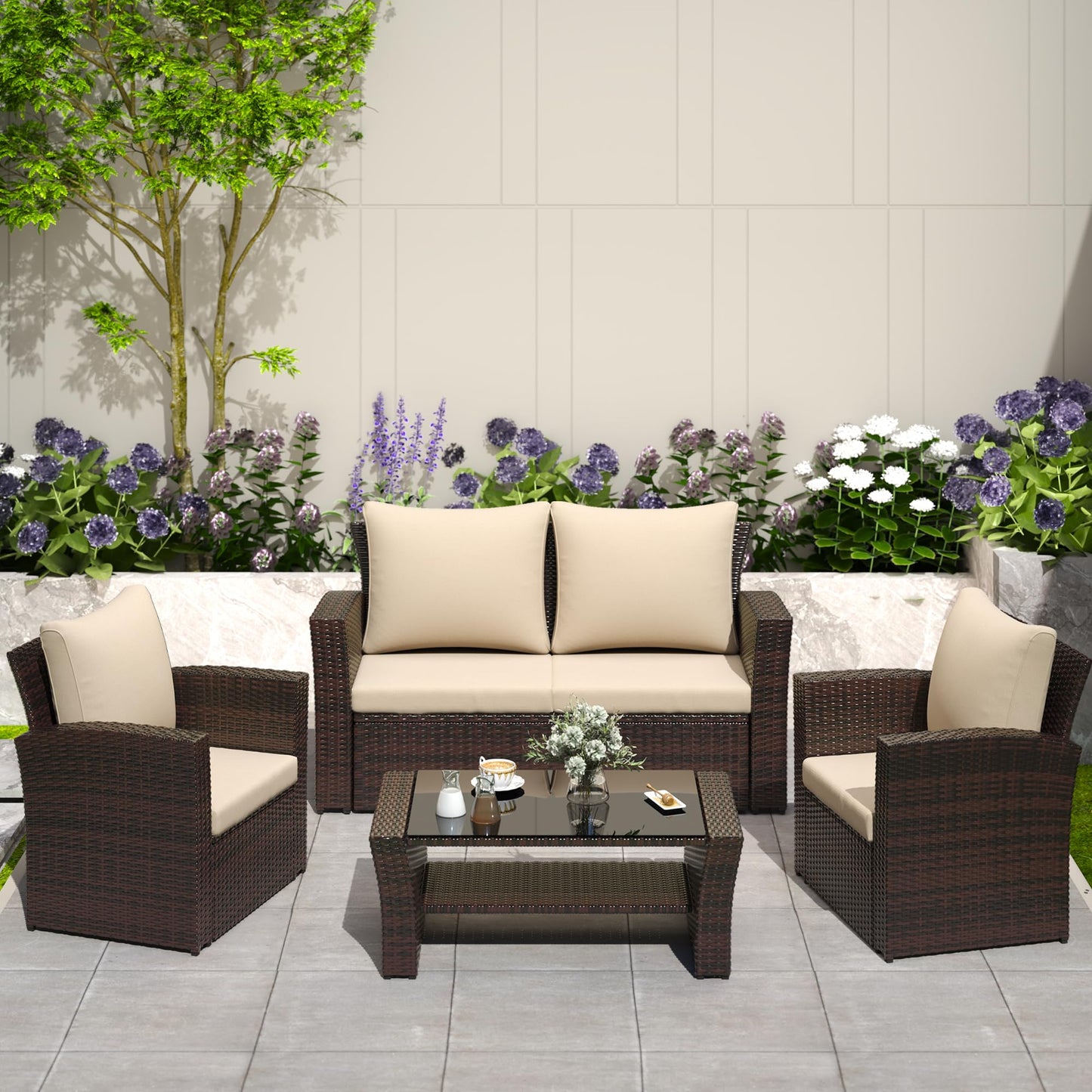 Solaste 4 Piece Patio Outdoor Furniture Sets,Patio Conversation Sofa Wicker Chair with Cushion,Hand Woven Rattan Sofa for Porch Backyard Outside Garden Lawn Yard,Brown