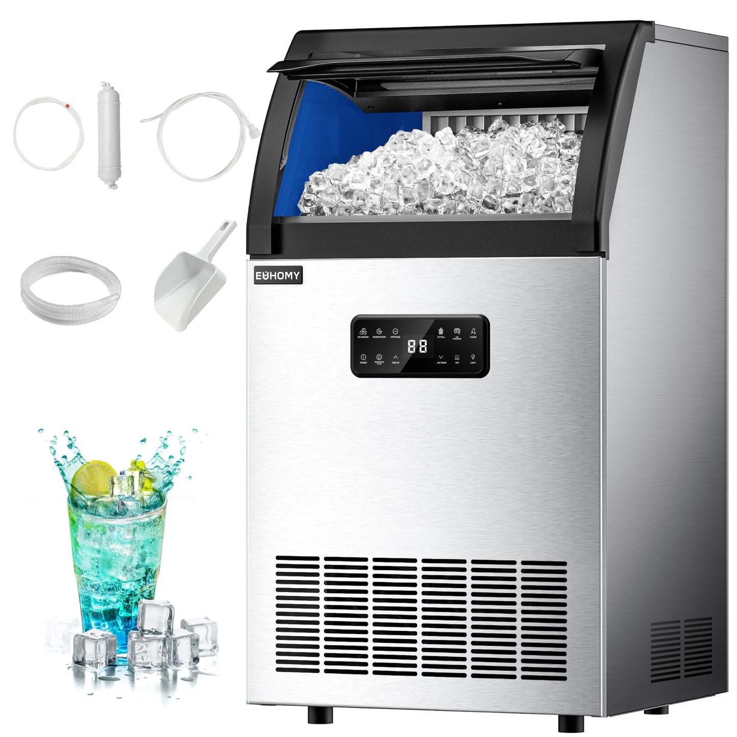 EUHOMY Commercial Ice Maker,120lbs/24H,Stainless Steel Under Counter Ice Machine with Water Filter,33lbs Storage Capacity, 45 Cubes in 8-12 Mins, Freestanding Ice Machine for Home/Bar/Cafe/Restaurant