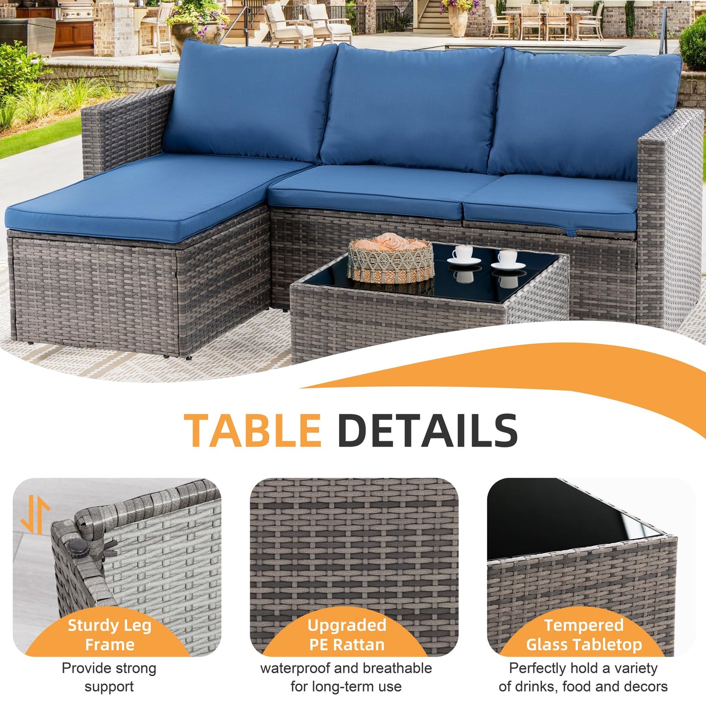 Shintenchi 4 Pieces Patio Furniture Set, 2-in-1 Convertible Sectional Sofa & Chaise Lounge, All-Weather Wicker Rattan Sofa Couch with Cushions & Coffee Table for Yard, Garden, Porch, Poolside (Blue)