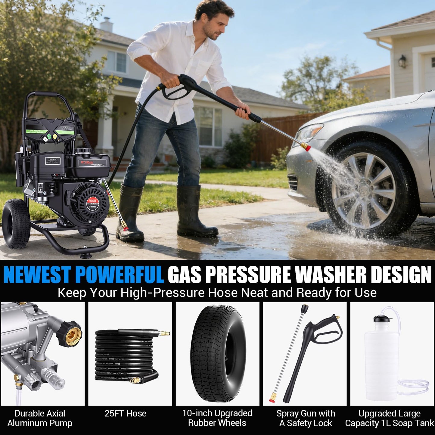 4200PSI Gas Pressure Washer 4.0GPM Gas Power Washer 212CC Gas Powered Washing Machine Commercial High Pressure Washer with 25ft Hose&5 Nozzles for Patio Garden Yard Vehicle,EPA/CARB/ETL (Black)