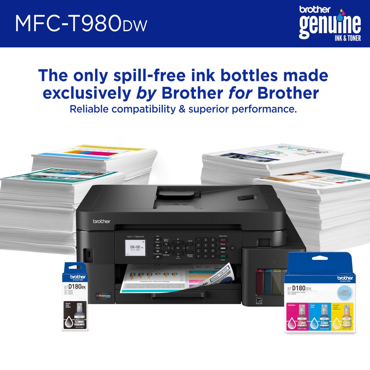 Brother INKvestment Tank 980 Wireless and Ethernet Color Inkjet All-in-One Printer with Multipurpose Tray | Includes up to 3 Years of Ink in-Box(1) and Limited Warranty(2) (MFC-T980DW)